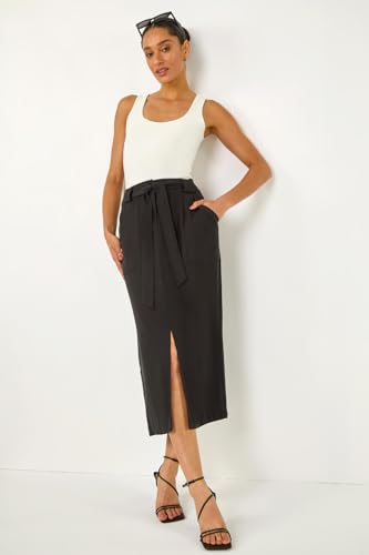 Dusk Fashion Belted A-Line Midi Skirt for Women UK - Ladies Everyday Holiday Spring Summer Comfy Soft Evening Vacation Work Party Modest Sophisticated - Black - Size 8 - Image 3