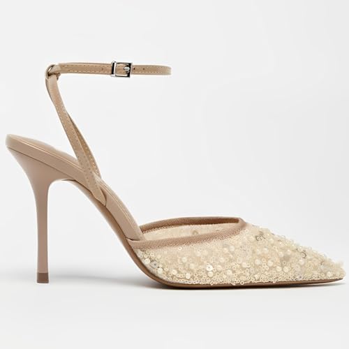 YIYA Women's Nude Sparkly Glitter Pearl Mesh Slingback Kitten Heels Closed Pointed Toe Strappy Ankle Strap Wedding Party Bridal Dress Pumps Shoes2