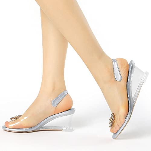 Allegra K Women's Clear Slingback Wedges Rhinestone Transparent Peep Toe Heels2
