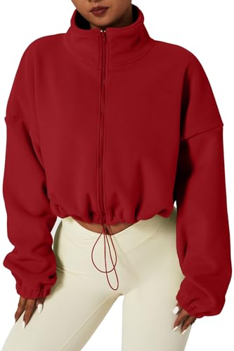 QINSEN Women Sherpa Coat Full Zip Long Sleeve Baggy Short Jacket Stand Collar Fleece Outwear Red S