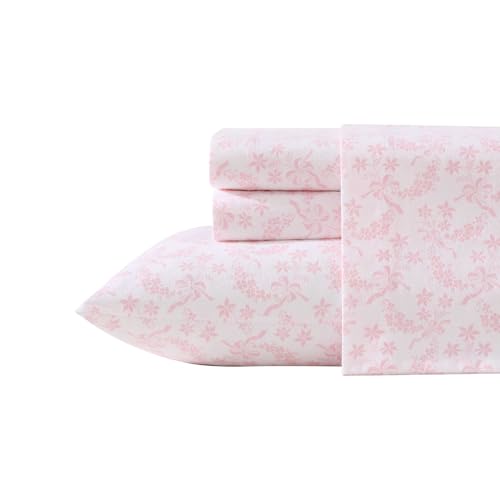 Image of Laura Ashley - Full Size Sheet Set, Crisp & Lightweight Cotton Percale Bedding with Fitted Sheet and Pillowcases, Floral Room Decor, Deep Pocket, College Dorm Room Essentials (Antoinette Pink)