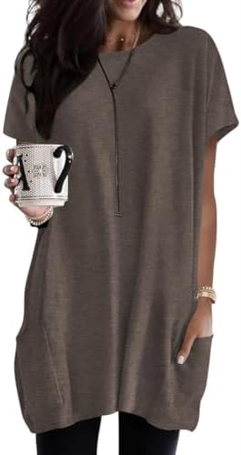 Poetsky Summer Womens Tunic Tops for Leggings with Pockets Short Sleeve Casual Long T Shirts