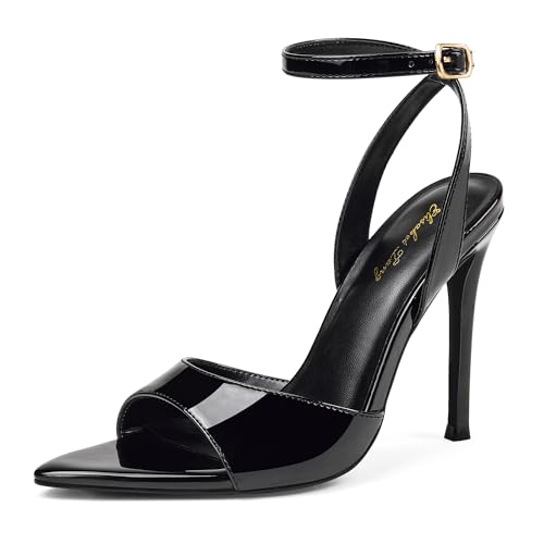 Elisabet Tang 4Inch Women's Pointed Toe Ankle Strap Stiletto Heeled Sandals, Sexy High Heels with Adjustable Buckle for Party Dressy black patent 8