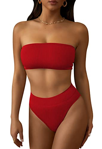 Pink Queen Women s Removable Strap Pad High Waisted Ribbed Bikini Red Size L