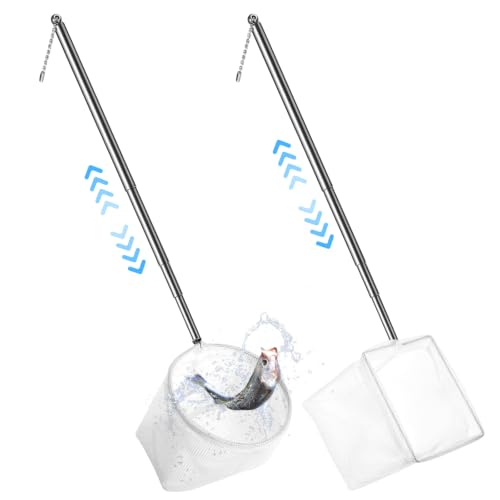 Nogeqi 2 Pcs Fish Net Aquarium Fish Net for Fish Tank Aquarium Net with Extendable Long Handle Fine Mesh Small Fish Nets for Shrimp & Bettas Aquarium Accessories (Square and Round)