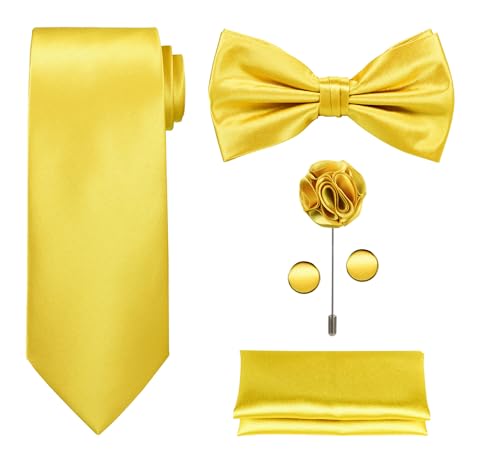 TIE G 5pcs Tie Set in Gift Box : Solid Color Necktie Satin Bow Tie Pocket Square Lapel Cuff Links (Mustard Yellow)