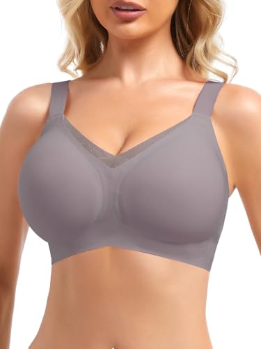Ellareese Wireless Bras for Women with Support V Mesh No Underwire Everyday Bras Full Coverage Push Up Bralette Grey