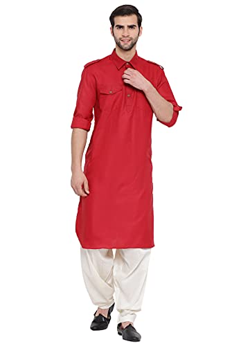 Image of VASTRAMAY Men's Cotton Blend Pathani Kurta Set || Stylish Pathani Style Kurta with Roll Up Sleeves and Relaxed Fit Patiala Salwar