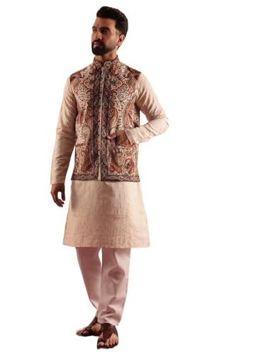 Image of SOJANYA Men's Cotton Silk Cream Kurta & White Pyjama With Velvet Paisley Design Nehru Jacket