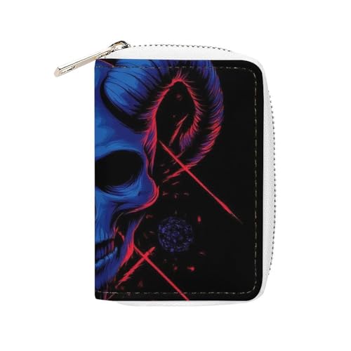 Women's Portable Card Holder Wallet, Pu Leather Credit Card Organizer Bag with 20 Slots Goth Skull Goat Art Zipper Slim Coin Purse