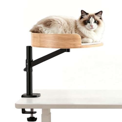 FLEXISPOT Cat Desk Bed, Solid Wood Desk Mounted Cat Perch Supports Up to 33lbs, 360° Rotating & Adjustable Heigh Kitten Nest for Standing Desk Equipped with Scratcher, Rubberwood