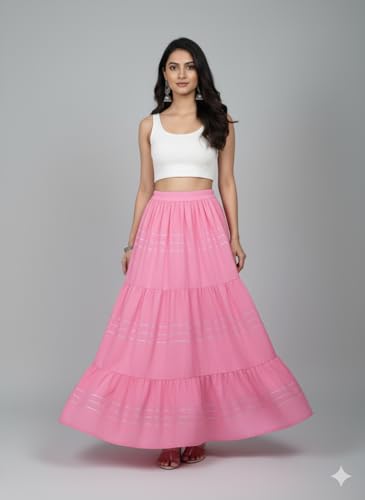 Image of Payal Creation Women's Rayon Flared Long Skirt with Gota Lace | Ethnic Maxi Skirt for Girls & Women | Festive Casual Flowy Comfortable Skirt | Free Size White Long Skirt