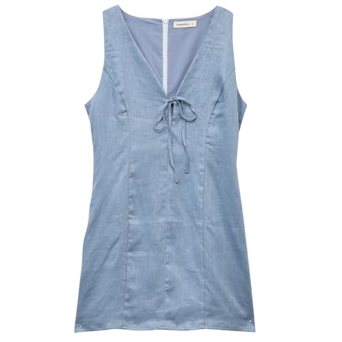 Image of Amazhiyu Womens 100% Linen Summer V Neck Tie Front Sleeveless Mini Tank Dress