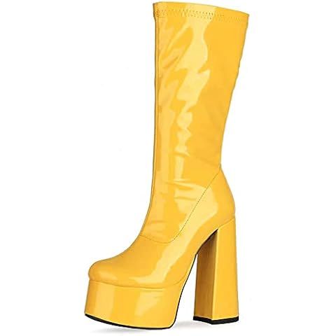MeiLuSi GoGo Boots for Women Platform Knee High Boots Chunky Block Heels Mid Calf Yellow Go Go Boots Size 7 Cover