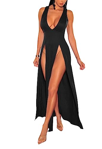 Image of Sexy Maxi Dress for Women Sleeveless High Split Deep V Neck Long Tank Dress