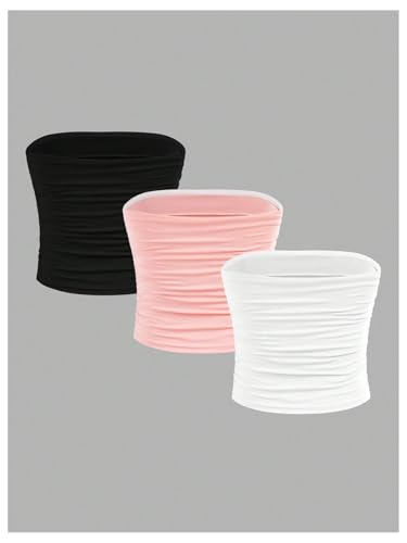 Milumia Girl's 3 Pack Tube Tops Ruched Strapless Sleeveless Solid Basic Bandeau Tops2