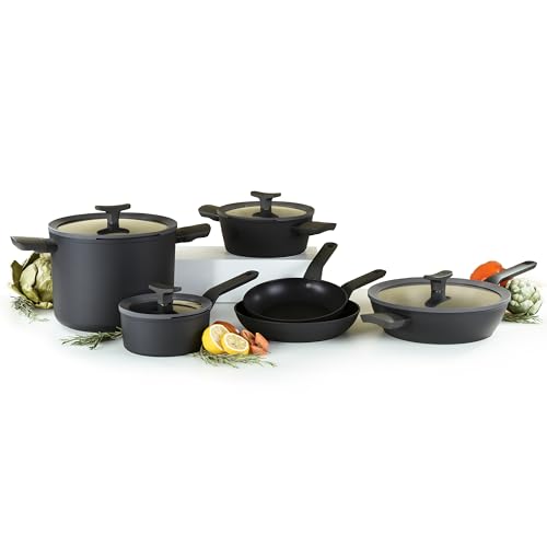 BergHOFF Leo 10Pc Non-stick Ceramic Cookware Set With Glass Lid, Cast Aluminum, Non-toxic, CeraGreen Nonstick Coating, Stay-cool Handle, Induction Pots and Pans, Black