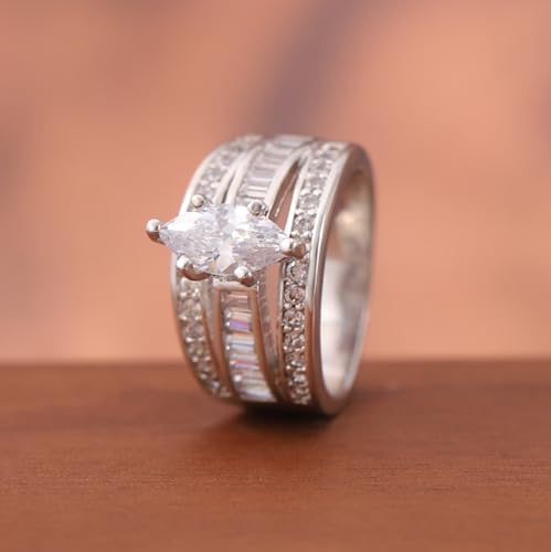 Cubic Zirconia Half Eternity Channel Set Round and Baguette Cut Marquise Shaped Solitaire Engagement Ring,Sterling Silver Plated Wide Statement Wedding Band Ring For Women2