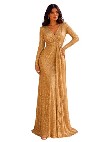 meilun Gold Long Sleeve Sequin Dress for Women Formal Evening Gowns Sparkly V Neck Maxi Dress for Wedding Guest,S : Clothing, Shoes & Jewelry