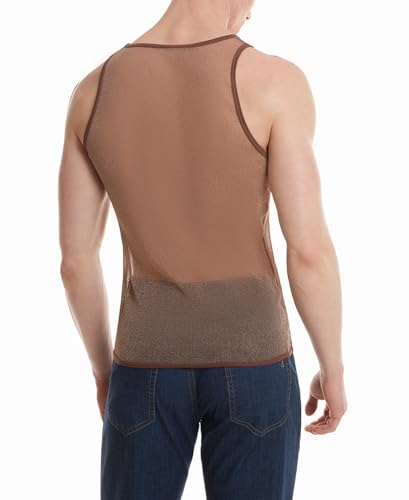 FEOYA Men's See Through Tank Top Sheer Mesh Shiny Crop Top Sleeveless Stretchy Lace Muscle Shirts3