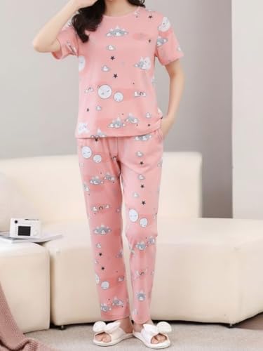 Image of Women's Korean Style Night Suit Set | Cotton Half Sleeve Top & Pyjama Set | Round Neck Printed Nightsuit | Comfortable Nightwear & Loungewear for Women | Sleepwear Pjs Lounge Set |Co-ords Outfit