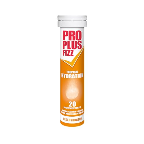 Pro Plus Fizz Hydration - 20 Effervescent Tropical Flavour Electrolyte Tablets - Potassium Sodium Chloride Calcium Magnesium and Caffeine - Feel Hydrated
