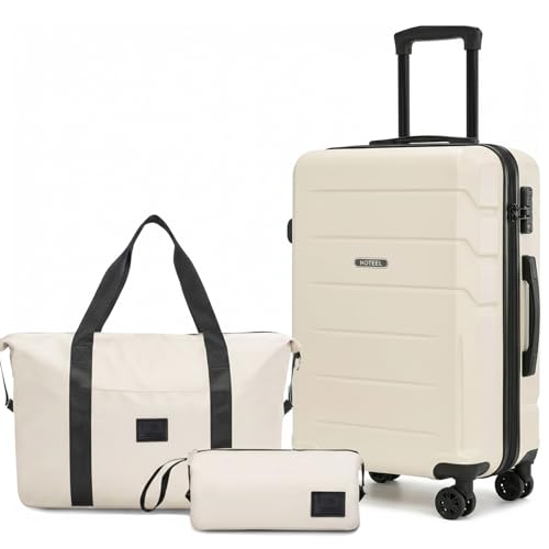 Image of Hoteel Luggage Sets 3 Piece Expandable (4-YEARS WARRANTY) ABS+PC Hardshell Carry On Luggage Airline, Carry on Suitcase with Spinner Wheels & TSA Lock for Travel, Business, Beige (20in /DB /TB)