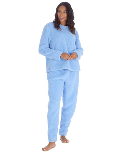 Slumber Hut Grey Borg Womens Snuggle Fleece Twosie Pyjamas Cosy Round Neck Novelty Adults Two Piece PJs Set for Women 34B2225 Blue Small