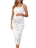 MARI GABRIEL Women Maternity Dress Mesh Ruched Side Bodycon Spaghetti Strap Pregnancy Dresses for Wedding Guest White Blue L