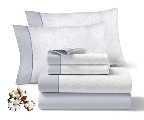 Viuda de Tolra - Juego Sábanas Primavera/Verano | 100% Algodón 144 Hilos | Incluye Sábana Encimera, Bajera Ajustable y Funda Almohada | Modelo Serenity (Azul, Cama 200cm con 2 Fundas Almohada)