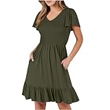 Generic for a 16 Year Old Girl Summer Dresses for Women 2024 Flutter Sleeve V Neck Smocked Ruffle Swing Dress Sexy Flowy Casual Beach Vacation Dress, Medium, A01_army Green