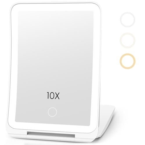 WOTOTIC 10X Magnification Rechargeable Makeup Mirror for Travel, Makeup Mirror with 80 LED Lights, 3 Color Lighting, Dimmable Touch Screen,Portable Vanity Mirror, Travel Essentials