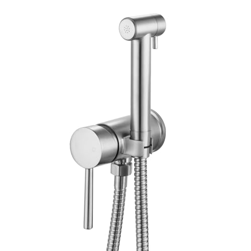 Handhaltbares Edelstahl Bidet mit Nickel Mattfinish inklusive Kalt Warmwasser Funktion sowie G1/2 Zoll und G3/8 Zoll Toilettenventil zur seitlichen Montage am Badezimmerschrank,muslimische Dusche