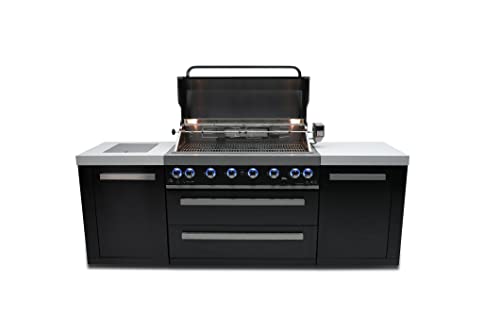 Mont Alpi Mai805-Bss 44-Inch 6-Burner 115000 Btu Deluxe Black Stainless Steel Outdoor Kitchen Gas Island Grill W/ Infrared Side Burner & Rotisserie Kit Granite Countertop + Storage Cabinets & Weather Cover #TOP1