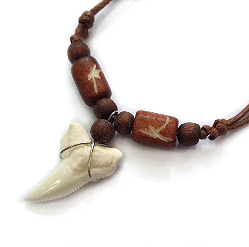 Genuine Mako Shark Tooth Pendant Surfer Wooden Beads Cord Necklace For Men Women Ba371 #TOP5