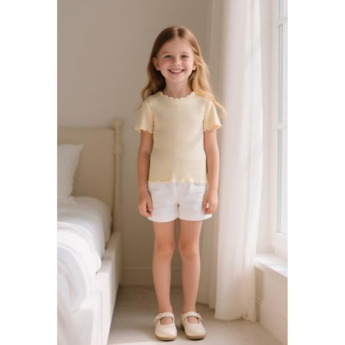 Image of Girls Summer Lettuce Trim Ribbed Knit Short Sleeve T-Shirts Solid Color Casual Blouse Tops