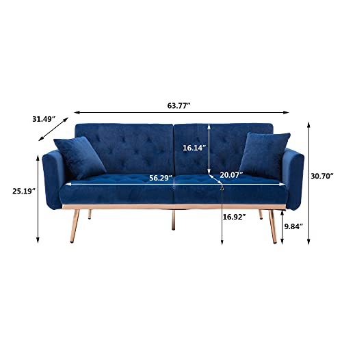 Homsof Navy Loveseat Sleeper Bed, Small Couch For Bedroom, 2 Seater Mid Century Modern Velvet Sofa With Metal Legs, Two Size #TOP4