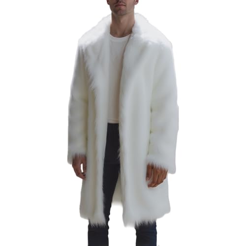 Colf Men's Winter Long Sleeve Turn Collar Faux Fur Coat Outwear Long Parka Jacket Overcoat (White,XX-Large)