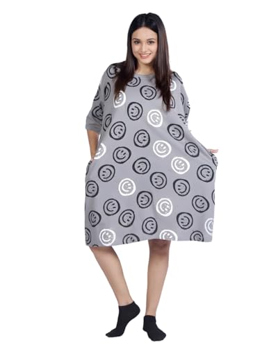 Image of LAMA STORE Women's Printed Oversized T-Shirt Dress, Cotton, 3 /4 Sleeve Length, Casual Loose Fit, Comfort Wear Extra Comfy Oversized Printed Pocket T-Shirt Dress