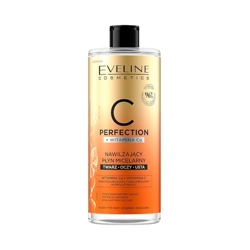 Eveline Cosmetics C-Perfection Agua micelar hidratante – Eliminador eficaz para maquillaje resistente al agua con vitamina C y ácido hialurónico, 500 ml