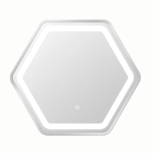 Espejo de baño hexagonal LED con marco de metal, moderno espejo decorativo para pasillos y entradas, color blanco, 60 cm, decoración elegante y funcional para el hogar