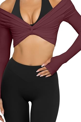 LASLULU Womens Long Sleeve Workout Tops Sexy Off the Shoulder Twist Front Bolero Shrugs Yoga Gym Ballet Wrap Tops Pilates Outfits (Burgundy, Small) — view 5