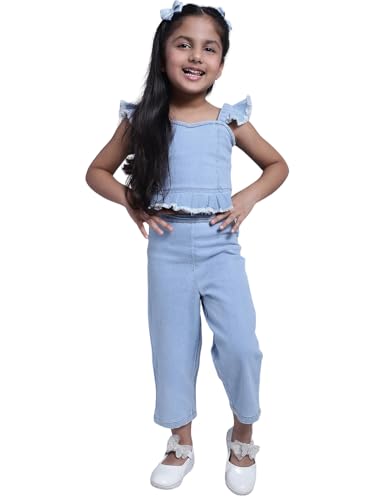 Image of superminis Girl's Denim Solid Top And Trouser Co-Ords Set Dress | Stylish & Comfortable