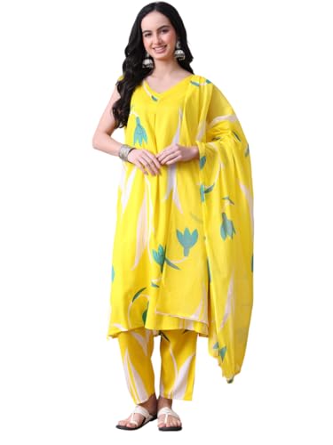 Image of Amazon Brand - Tavasya Women Cotton Anarkali Kurta Pant Dupatta Set | Printed Ethnic Suit Set | Flared Anarkali Kurta with Pant & Dupatta | Festive & Casual Wear