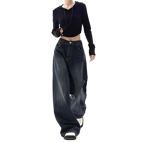 ELizoop Cargo Y2K Jeans Pants for Women High Waist Vintage Denim Punk Aesthetic Baggy Fleece Trousers Streetwear (Blue,XS)