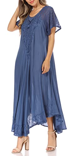 Image of Sakkas Egan Long Embroidered Caftan Dress /Cover Up with Embroidered Cap Sleeves