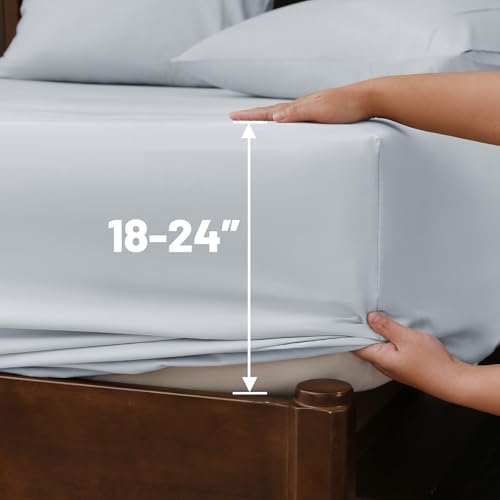 Image of Extra Deep Pocket Queen Sheets 18-24 Inch 100% Egyptian Cotton 1000 Thread Count Sateen Weave Soft Breathable 4 Pieces(Queen,Light Blue)