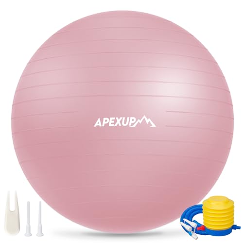 APEXUP Yoga Ball Exercise Ball Anti Slip Heavy Duty for Fitness, Balance & Core Workout, Balance Training, Pregnancy & Physical Therapy, 5 Sizes (M (19'~22) 55cm, Pink)