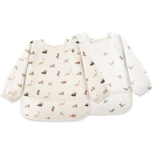Image of Susurration Baby Long Sleeve Bib Waterproof Sleeved Bib Smock for Baby | 2 Pack Baby Reusable Feeding bibs, 6-36 Months Baby Feeding Essentials- Brown Dinosaur