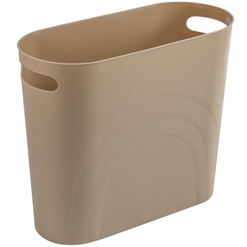 Image of rejomiik Small Trash Can, 3.5 Gallon Slim Garbage Can Plastic Waste Basket with Handles Container Bin for Narrow Spaces Bathroom, Bedroom, Kitchen, Office at Home, Khaki